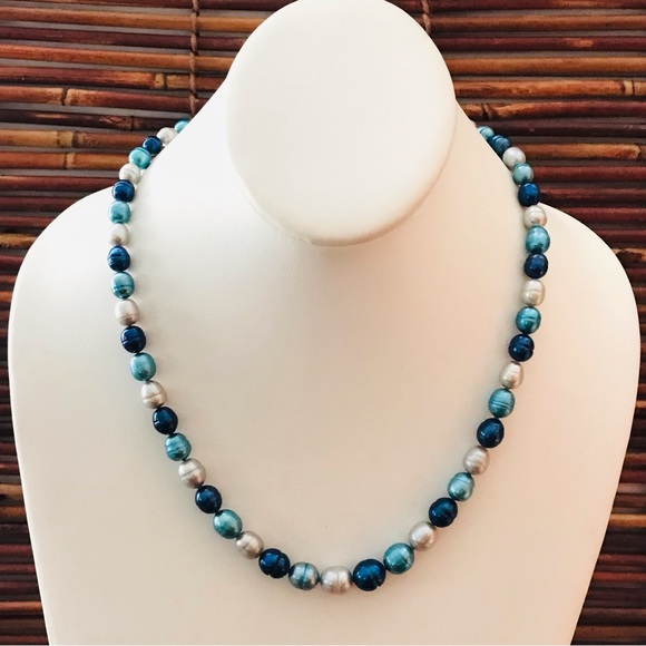 Honora Blue Pearl Necklace .925 clasp 20” - Picture 1 of 10